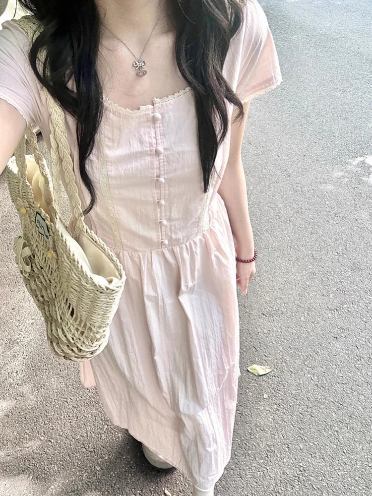 Różowa, słodka, koronkowa spódnica z efektem łączenia materiałów, damska, letnia, nowa kolekcja 2025, wyszczuplająca w talii, rozkloszowana, długa spódnica w stylu koreańskim, wykonana z poliestru...