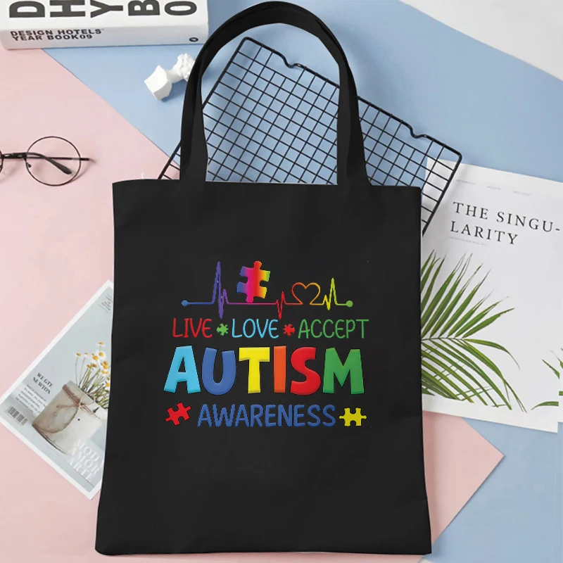 Woman Canvas Tote Bags Live Love Accept Autism Awareness Large Capacity Handbag Fashion Daily Reusable Shoulder Shopping Bag