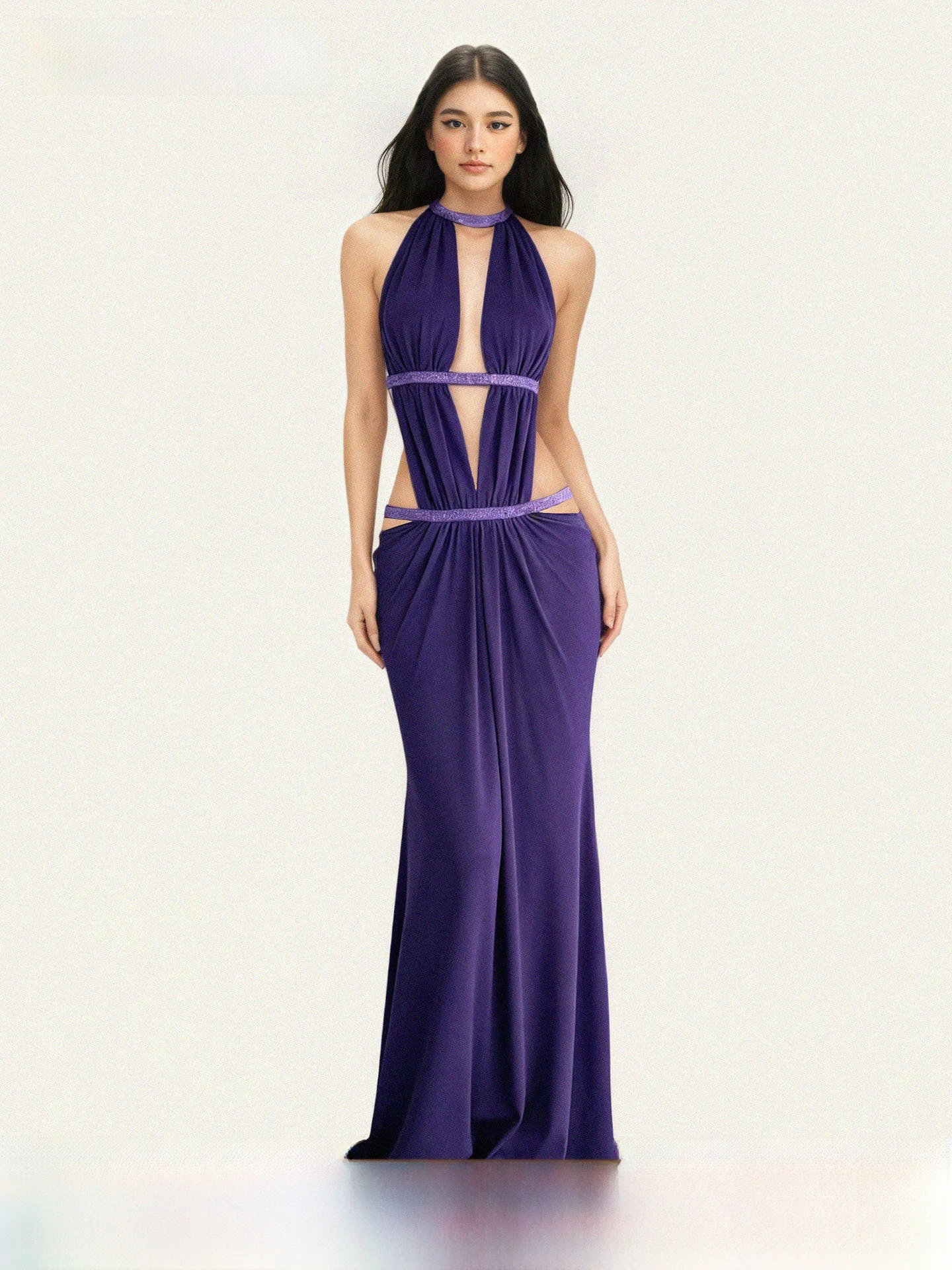 

Сексуальное плиссированное длинное платье с вырезами и завязками на шее, фиолетовое, для отпуска на острове, с низкой талией, из полиэстера, для женщин