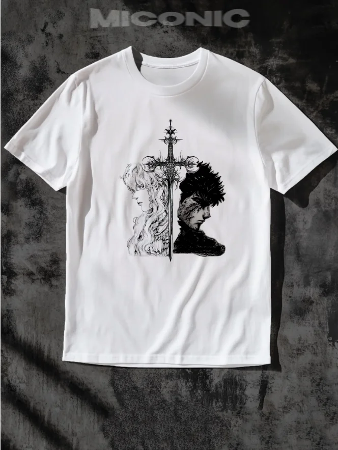 T-shirt Blanc Oversize en Coton Décontracté avec Impression Dessiné à la Croix de l'Épée et Portrait Divisé de Guts et Griffith de Berserk 2026 pour les Fans d'Anime