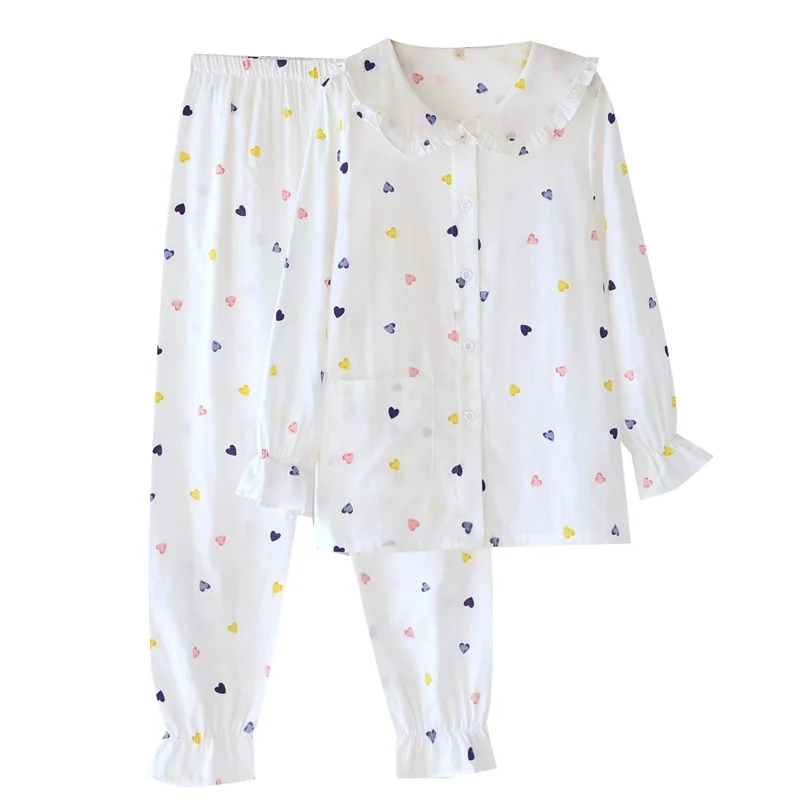 Pijamas de algodón de doble hilo para mujer, pantalones de manga larga con cuello de muñeca Simple, ropa para el hogar, ropa fina y holgada para el hogar, primavera y otoño