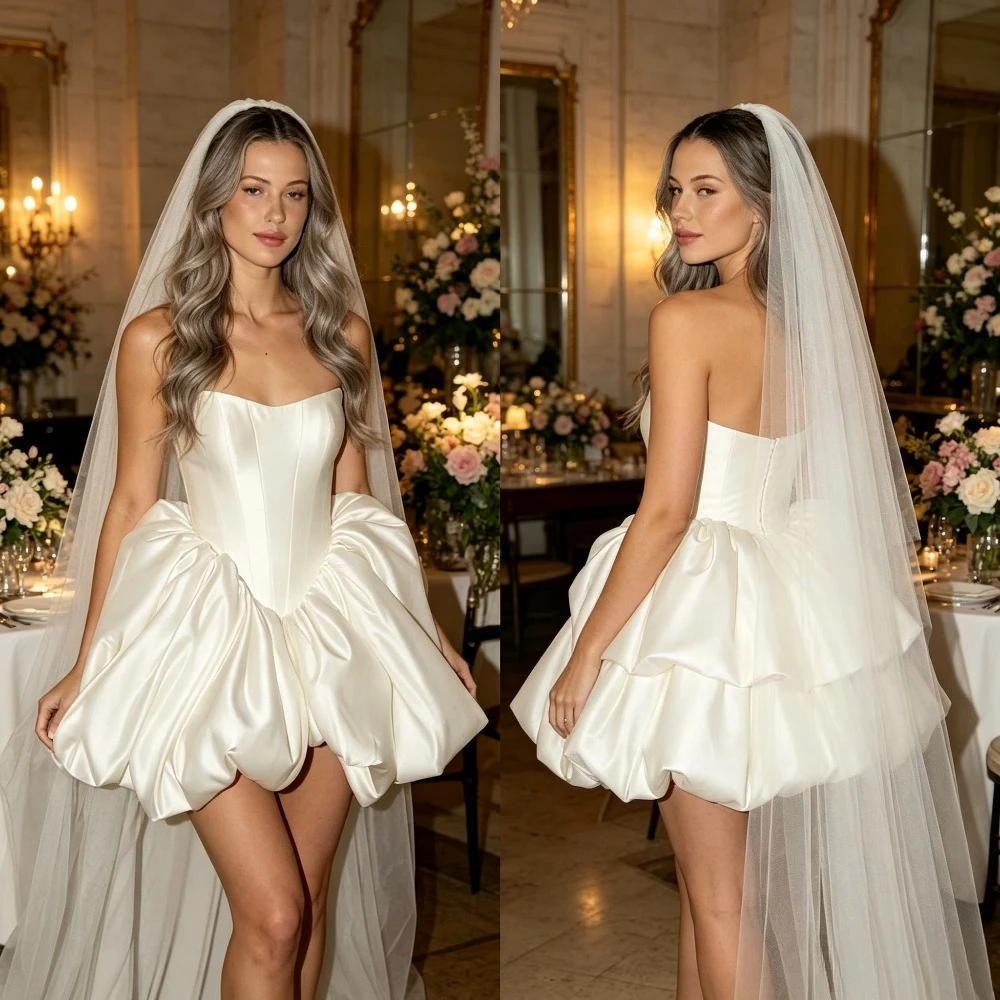 Customized Strapless Satin Mini Wedding Dresses 2026 New Elegant Cuffless Fluffy Floral Bud Skirt Zipper Back Short Bridal Gown