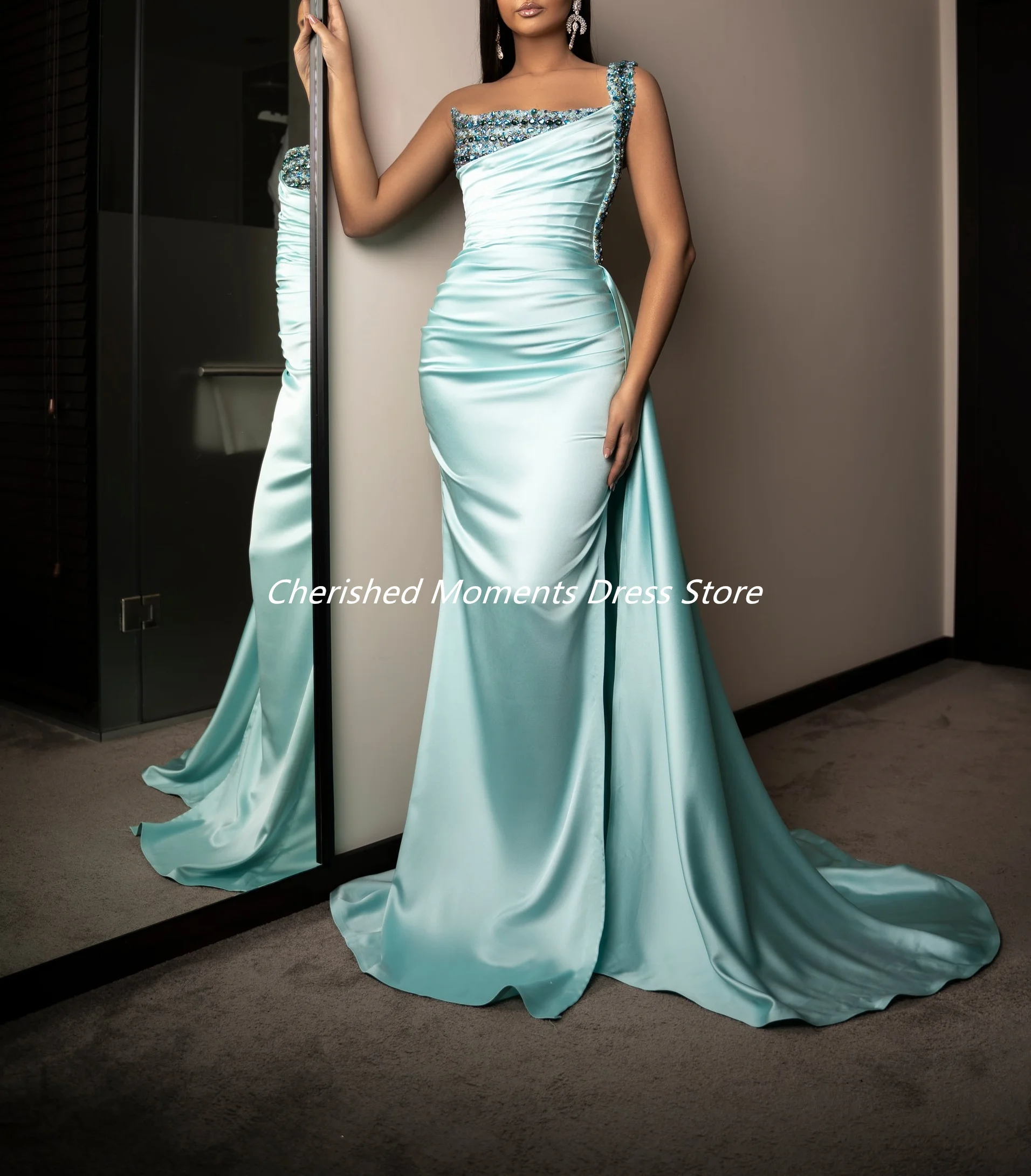 

Sparkly One-Shoulder Satin Prom Dress With Slit Bead Sweetheart Party Sleeveless Evening Gown vestidos de fiesta elegantes 2024