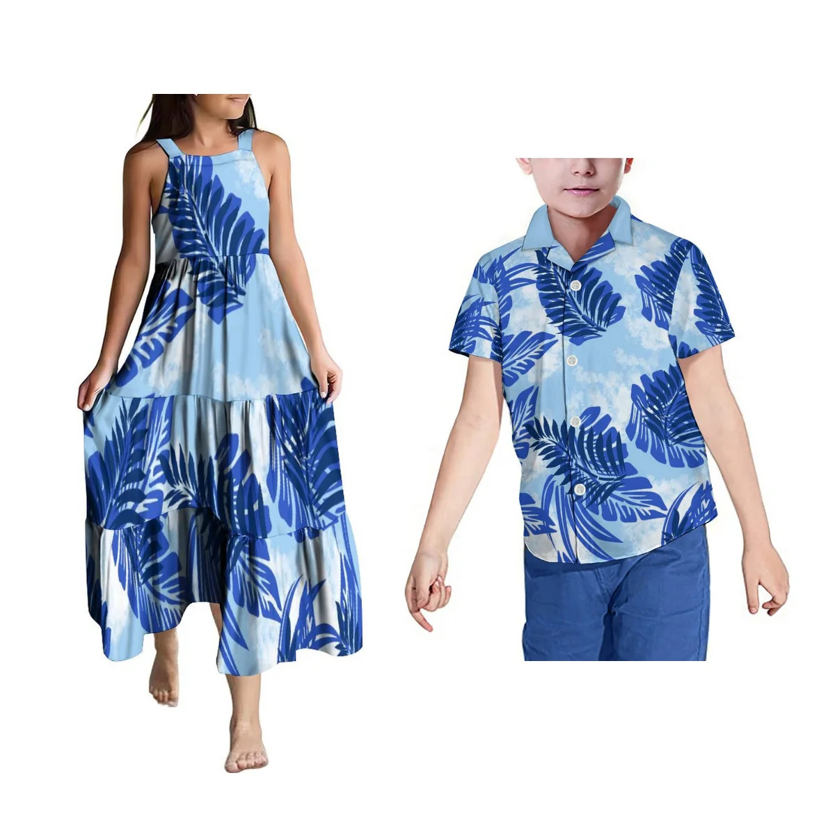 Island Tribe Ethnic Style Kids Suit Matching Polynesian Girls Halter Long Dress Samoa Boys Printed Shirt Support Customized