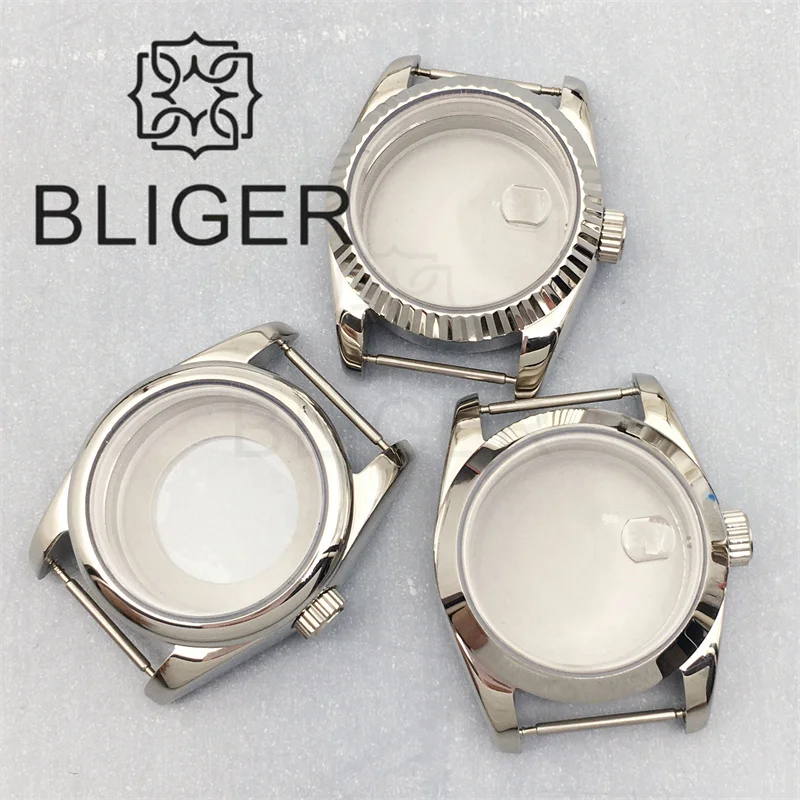 

BLIGER 31mm Women's Watch Case For NH05 Movement Silver Round Fluted Polished Bezel With Sapphire Glass Cyclops Stainless Steel