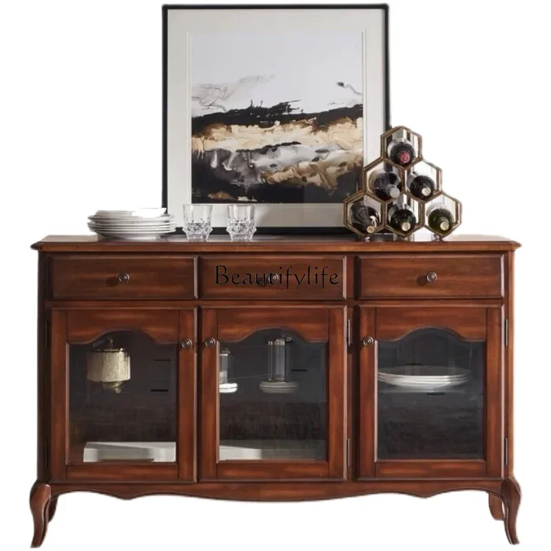 

ls 35American-style Solid Wood Sideboard Cabinet with Three Doors and Glass European-style Tea and Dish Cabinet