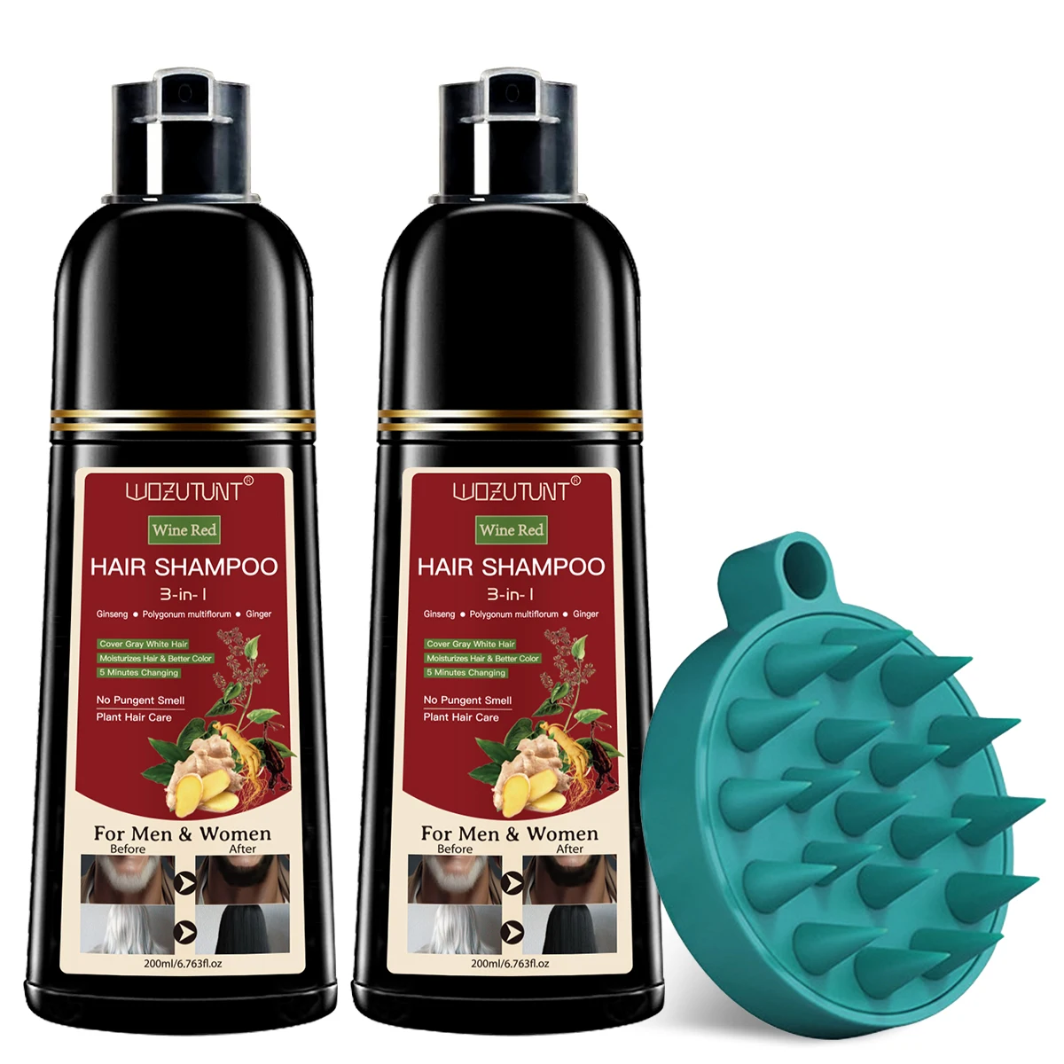 3 in 1 Natural Plant Hair Care Shampoo Men and Women 5 Minutes Fast Coloring Shampoo for Cover Gray White Hair and Shampoo-brush