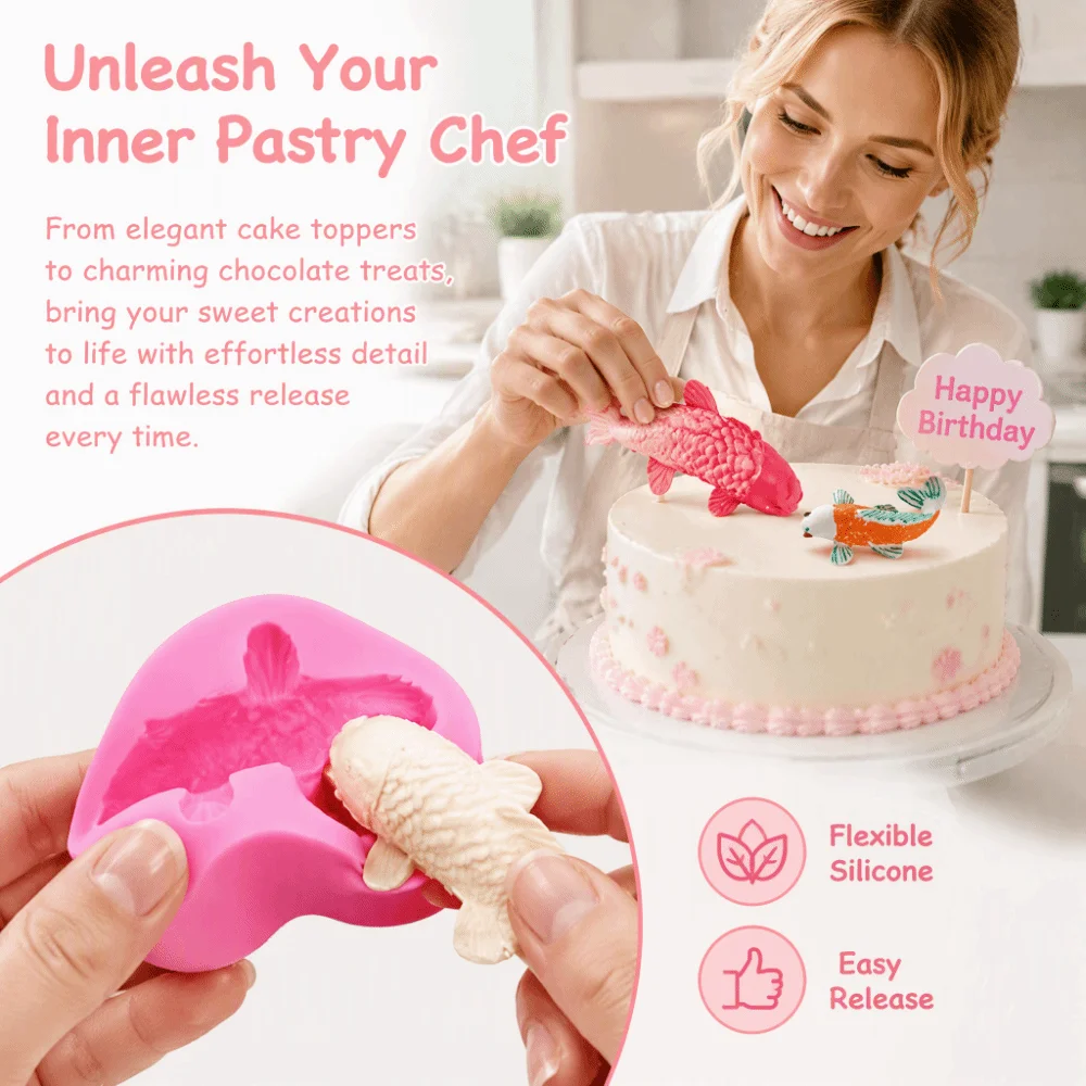 2pcs Creative Shape Silicone Silicone Fondant Mold Flexible Pink Goldfish Shape Mold Fish Shape Fish Shape Mold Cake Decorating