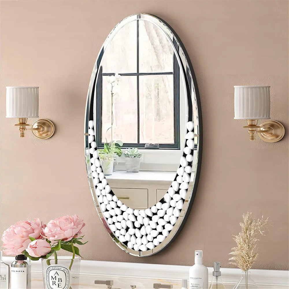 

60x105CM Modern Oval Wall Mirror with Bling Effect Silver Venetian Accent Mirror for Hallway Bathroom Decor