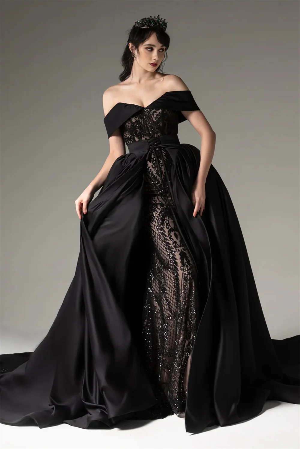 Cathy Black Off Shoulder Lace Appliques Wedding Dress Detachable Train vestidos de noiva Backless Customized Formal Evening 2025