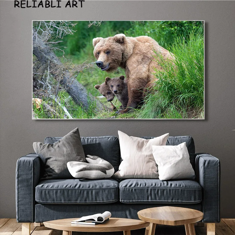 Brown Bear Animal Poster and Prints Natural Tree Wall Art Pictures Modern Canvas Painting for Living Room Home Decor No Frame