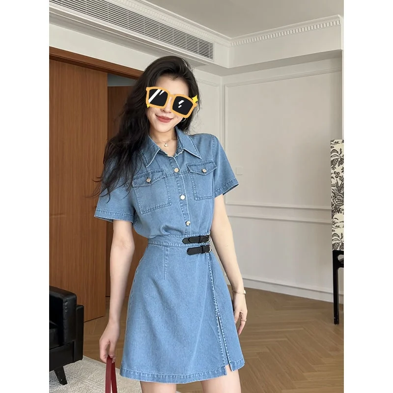 

Hmsevenjz Retro Fake Two-piece Denim Dress Women's Summer Turn-down Collar Short-sleeved Slim Fit A-line Dress Female Clothes