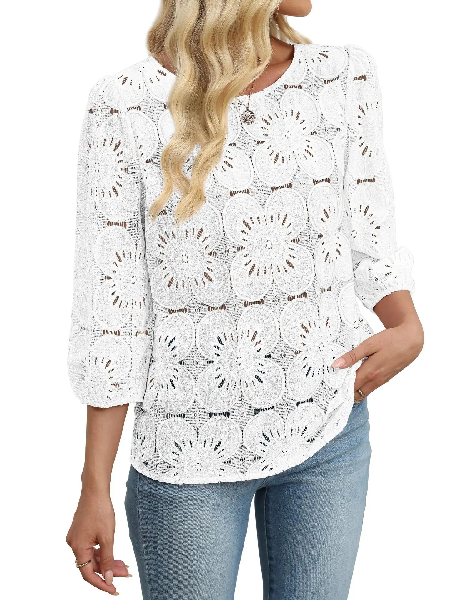 2026 Women's Long Sleeve Hollow Lace Shirt European Style Lantern Sleeve Floral Patterned Hollow out Design Women's Fashion Top