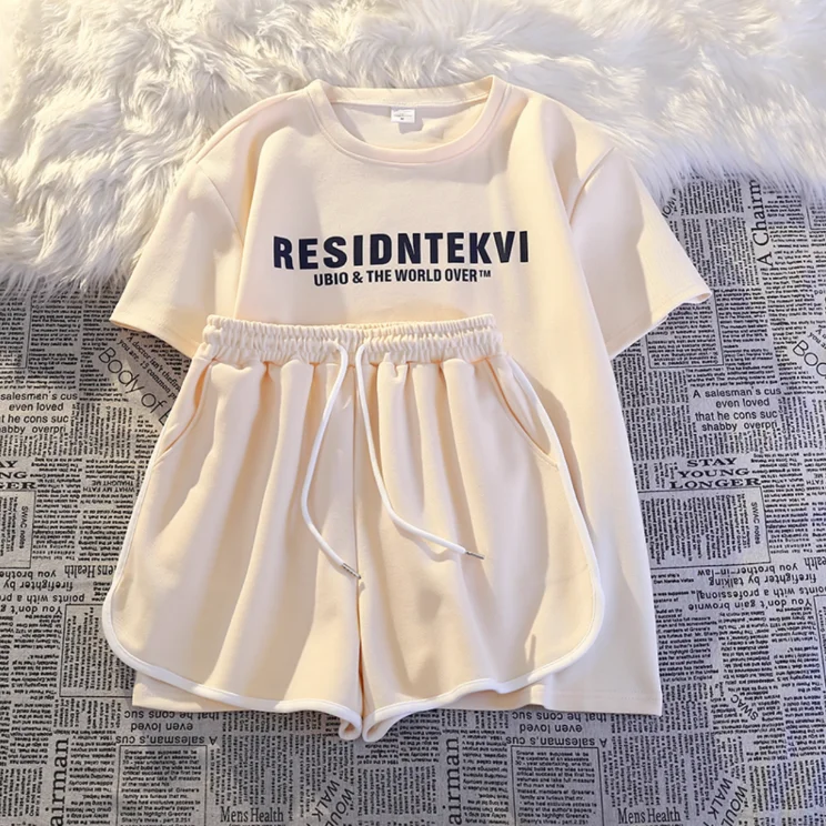 Femme Summer Korean Fashion Printing Solid Color Sports Suit Trend Women Clothing Lazy Wind Appear Thin Letter Two-piece Set Top