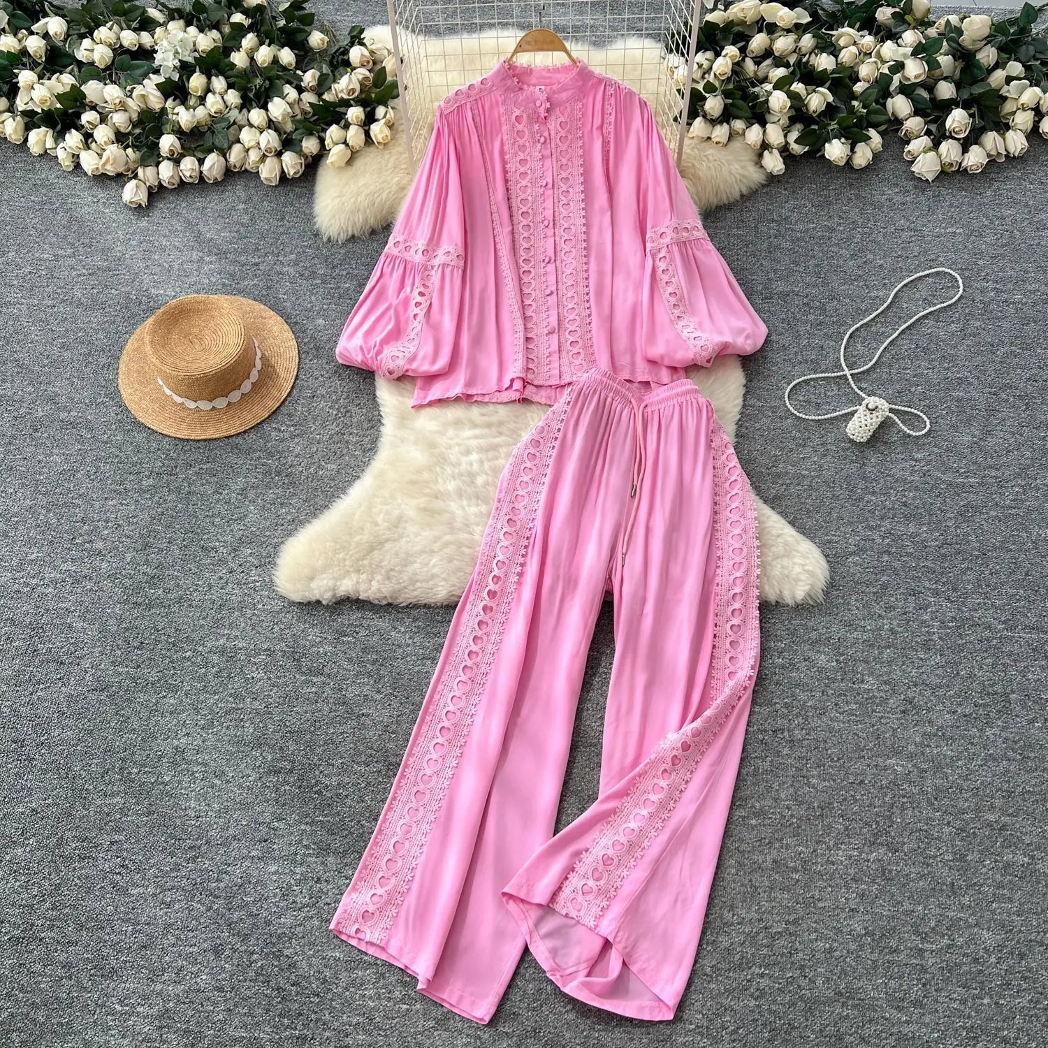 

Women Pant Set Two Piece Sets Matching Sets Lantern Sleeve Casual Tops Y2k Streetwear Work Wide Leg Long Pants High Waist