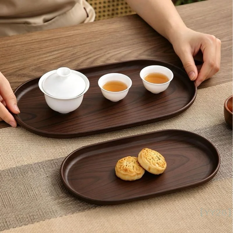 【YY26】Retro Wood-Look Oval Platter Tea Tray Eco-Friendly Multi-Purpose Serving Tray for Snacks, Fruits & Tabletop Decor