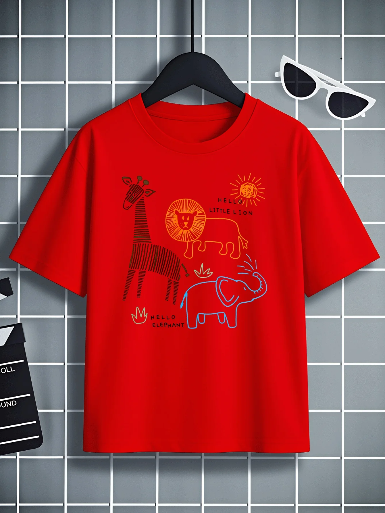 Hello Little Lion Elephant Pattern T-shirt Round Neck Top Korean Half Sleeved Children's Daily Versatile Parent-child Outfit