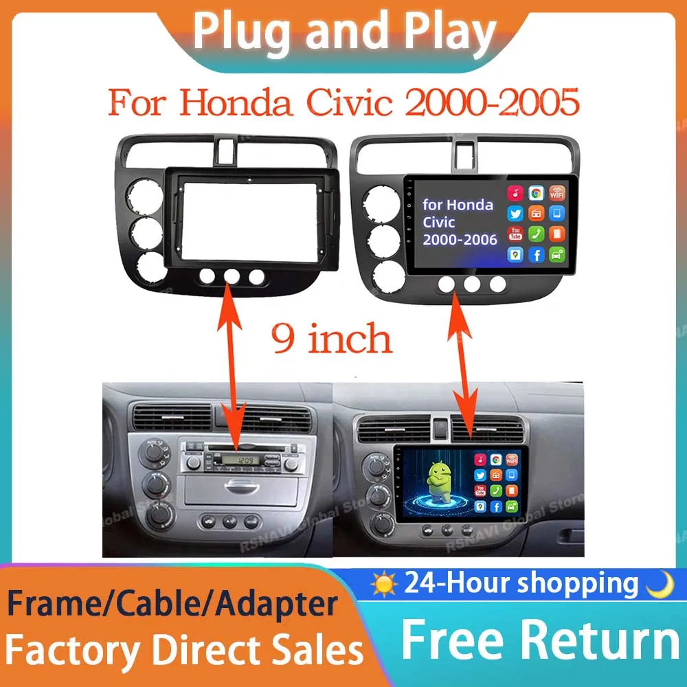 9 INCH Audio Fitting For Honda CIVIC 2000 - 2006 RHD LHD Head Unit Radio Dashboard GPS stereo panel for mounting 2 Din DVD frame