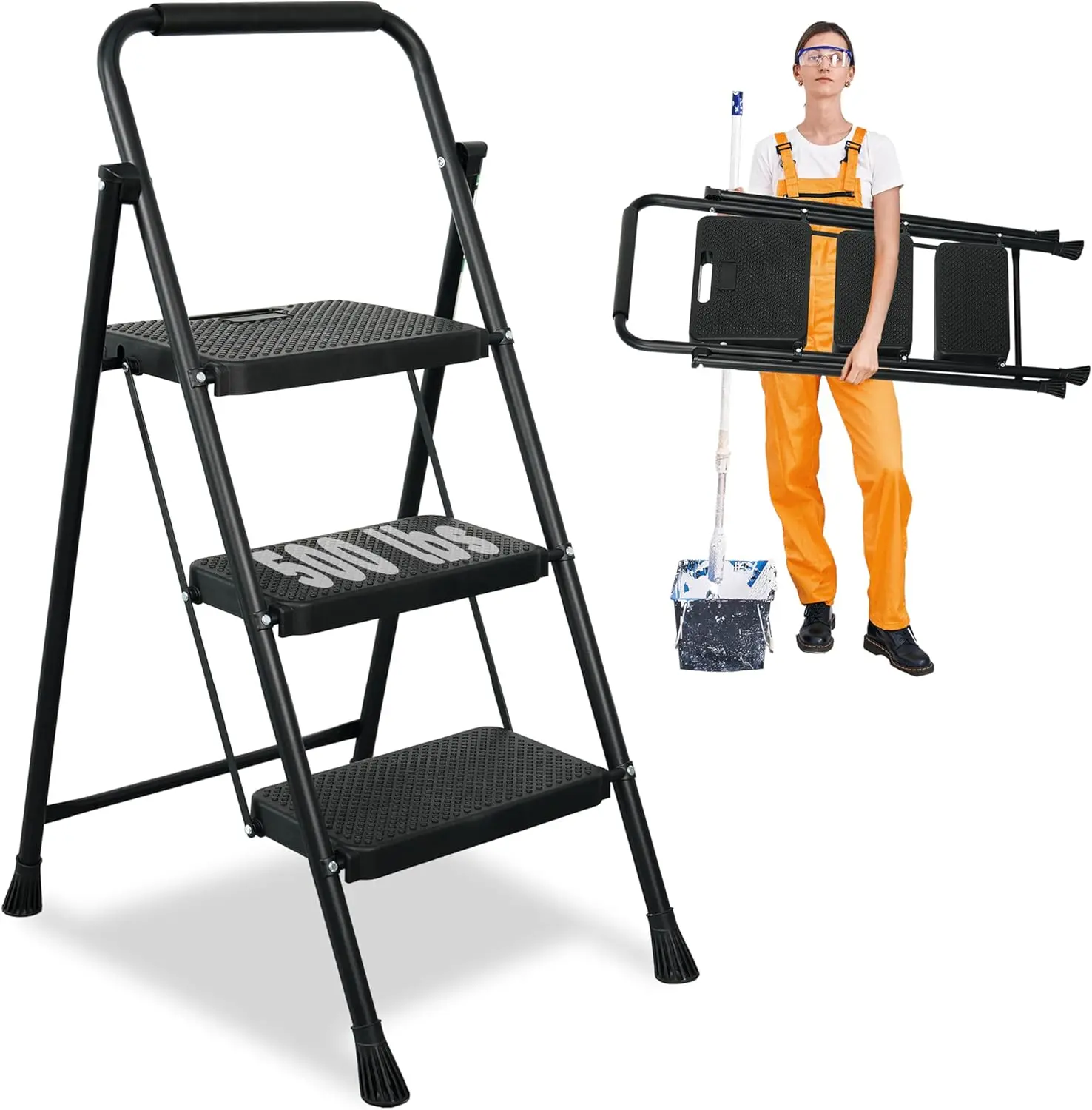 

Portable Steel Folding Stool Ladder with Wide Anti-Slip Pedal, 500lbs Capacity, Black