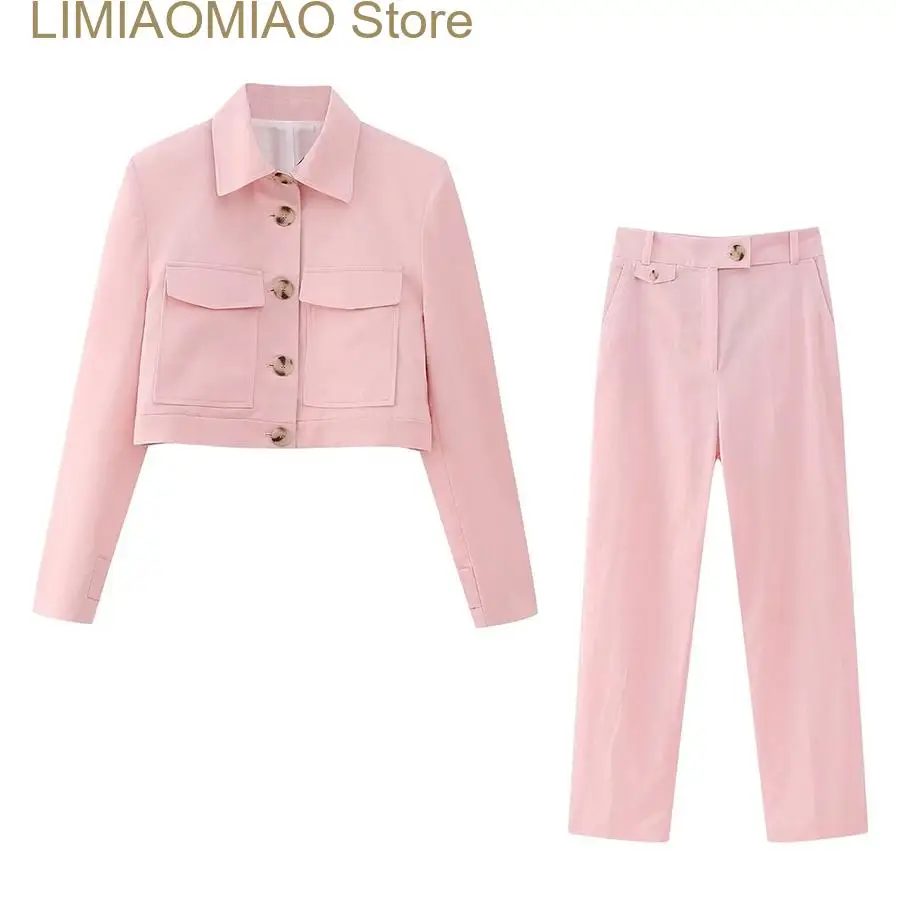 New Fashion Pink Pocket Cropped Jacket Long Pant Sets Summer Solid Blazer Tops Casual Pant Two Pieces Sets Female Chic Outfits