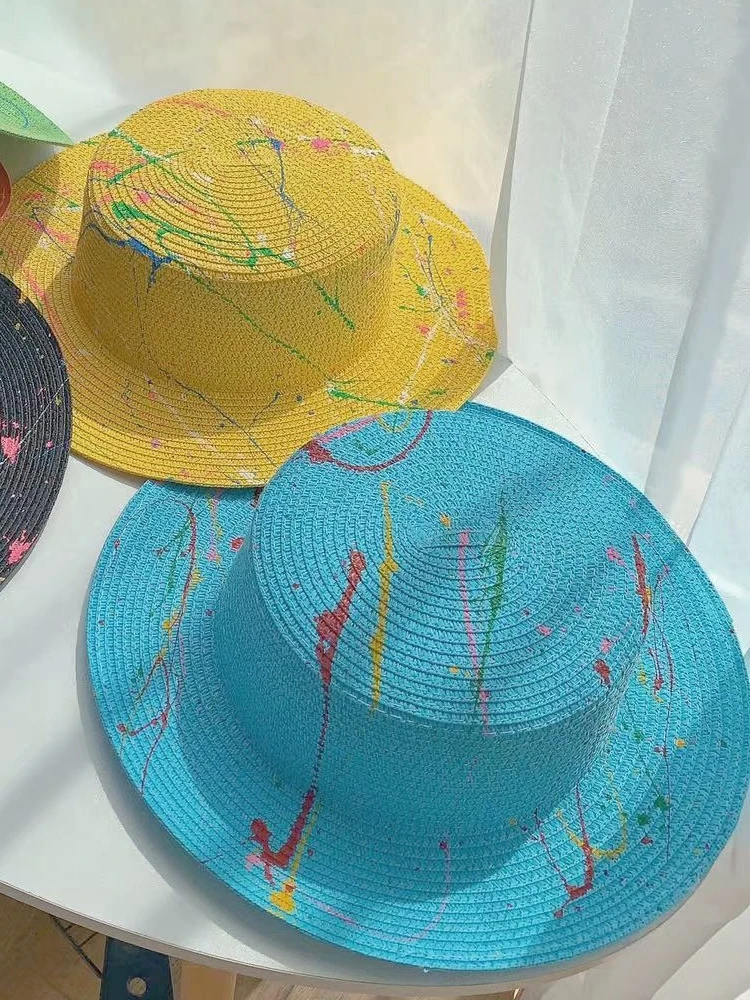 Handmade Doodle Design Straw Hat Female Summer Small Fresh Straw Sunshade Sun Protection Hat Panama Jazz Top Hat Ins