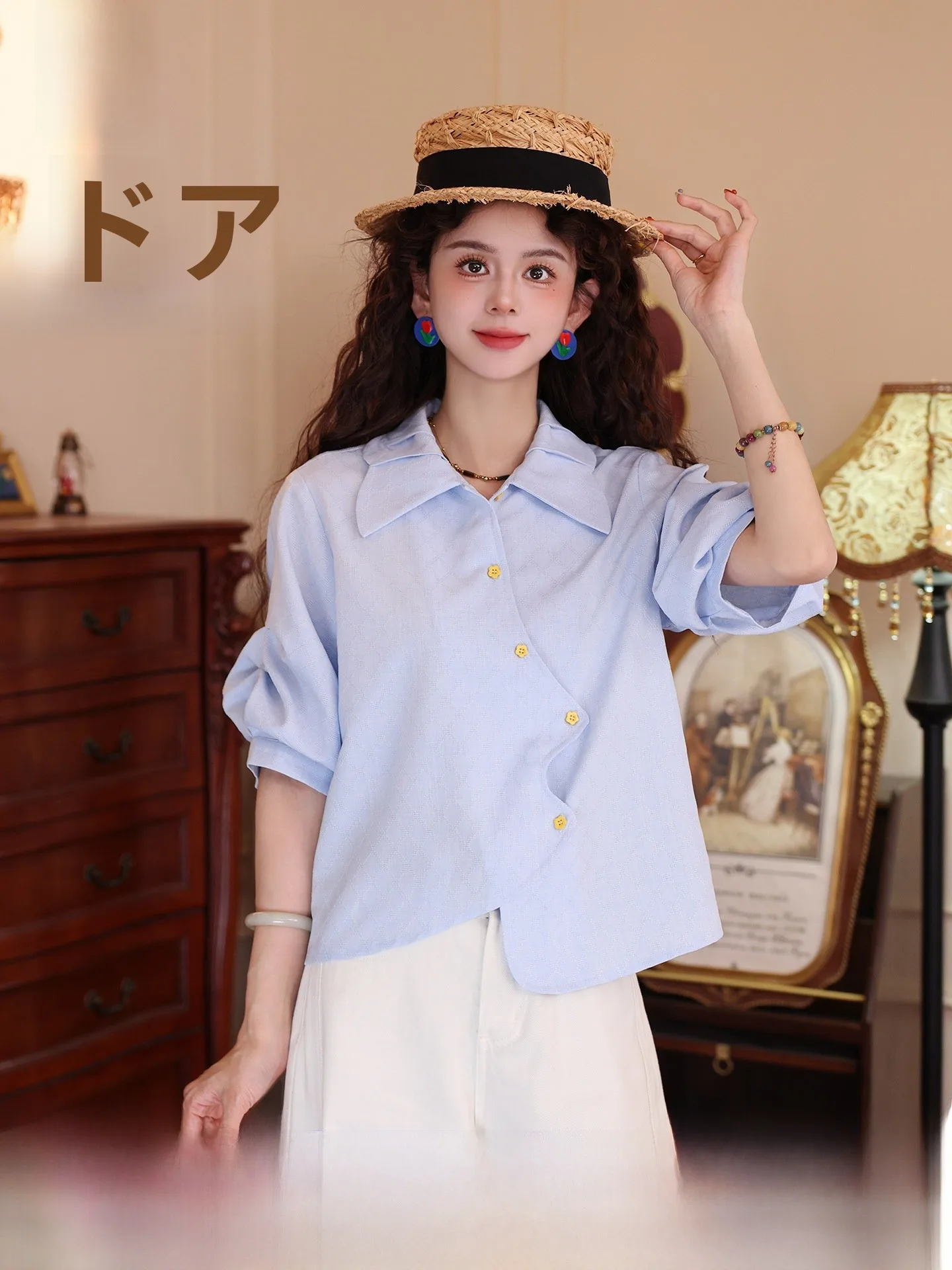 

Jie Chen Short Sleeve Casual Shirt Women's Fashion Sensation Top Unusual Design Regular Fit Polyester Fiber Spring Season