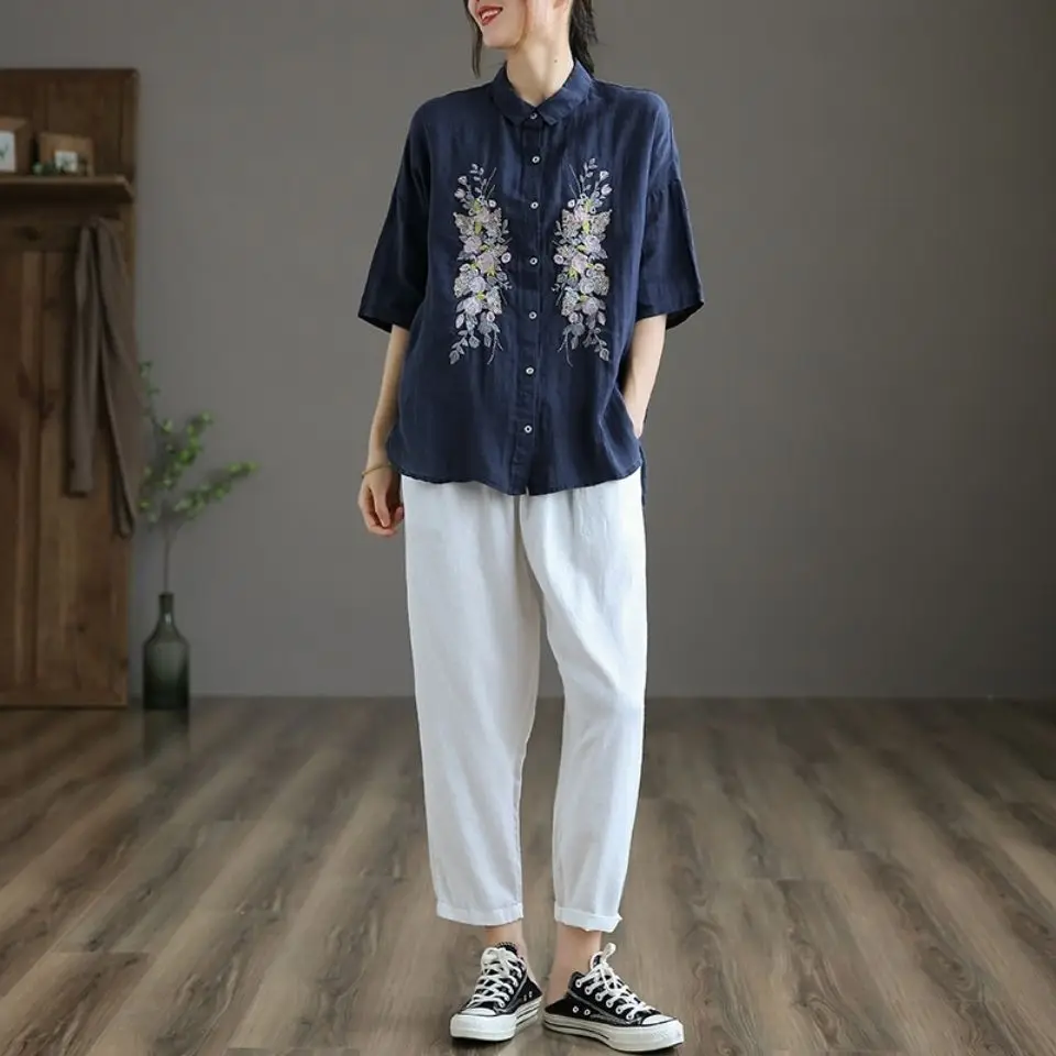 ชาติพันธุ์วินเทจปักผ้าฝ้ายลินินเสื้อผู้หญิงเสื้อหลวมฤดูร้อนมาใหม่