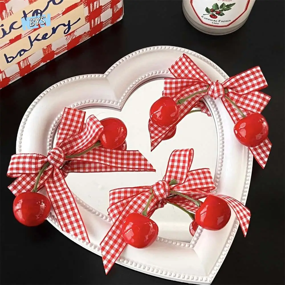 

Bowknot Cherry Hairpin Side Clip Checkered Pattern Bow Bow Hair Clip Female Hair Accessories Red Cherry Bow Barrettes Kids Gift