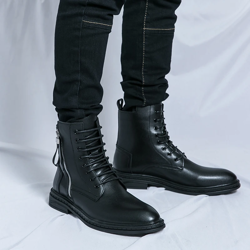 Men's High‑top Ankle Boots Synthetic Leather Side Zipper Lace‑up Non‑slip Block Sole Comfort Business Casual Dress Footwear