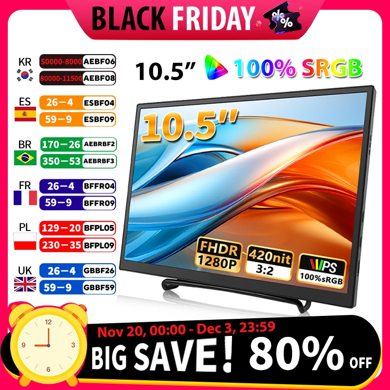 

420Cd/m ² 10.5 inch Portable Monitor IPS FHD 1280P 100%SRGB Game Screen Laptop Mac Xbox PS4/5 Switch Display