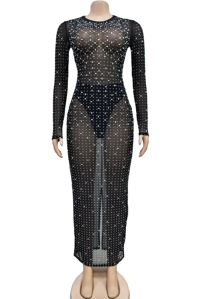 Beyprern Beautiful Rhinestone Long One-Piece Dress Gown For Women Glam See-Through Diamonds Birthday Dress Chirstmas Outfits