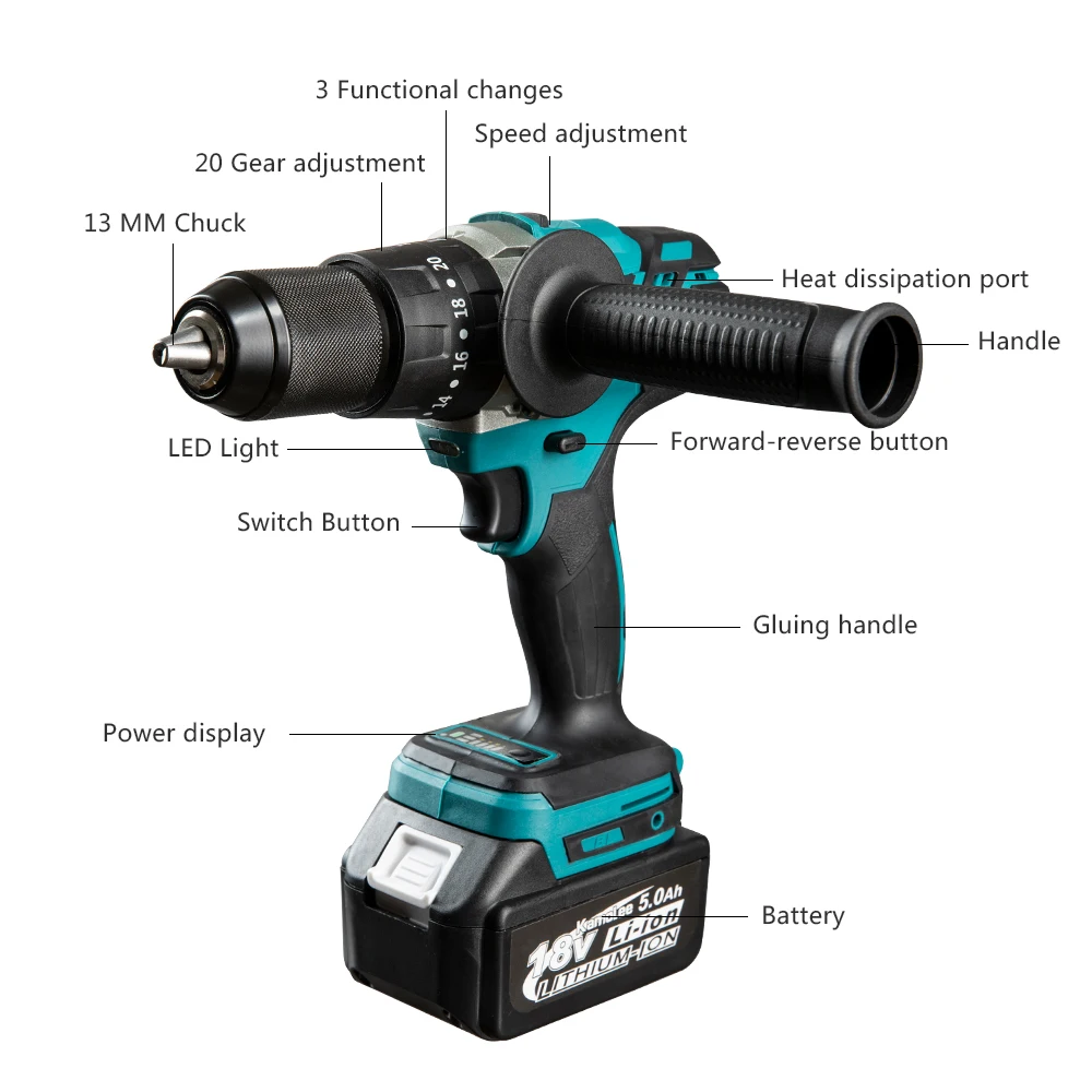 Kamolee 13MM Brushless Electric Impact Drill Cordless Screwdriver Lithium Battery Charging Hand Drill For Makita 18V Battery