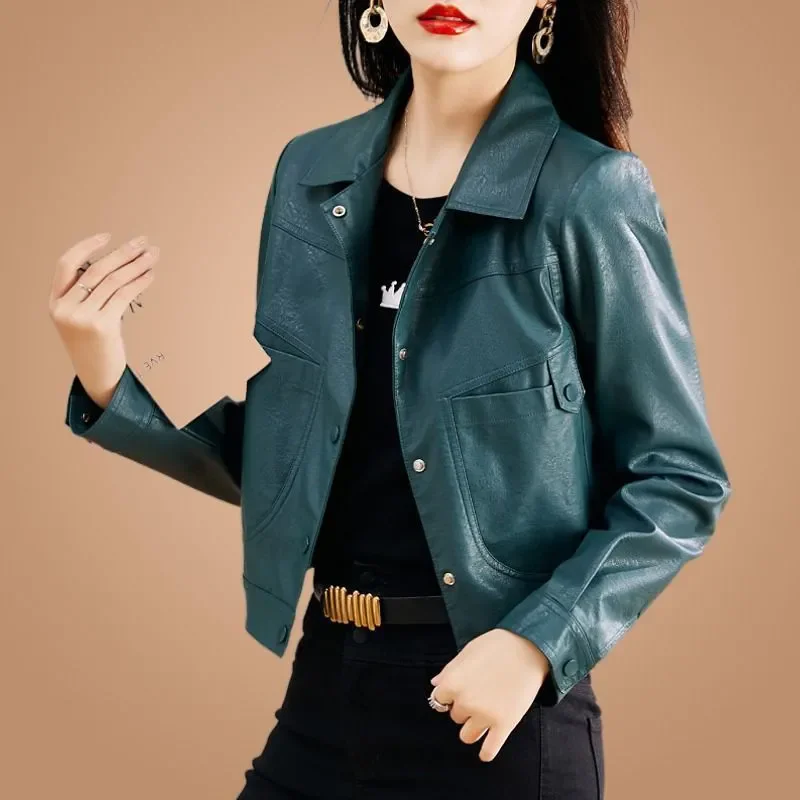 

Short Faux PU Leather Coat Women Spring Autumn New Fashion Long Sleeves Pocket Locomotives Jacket Female Loose Outerwear B1409