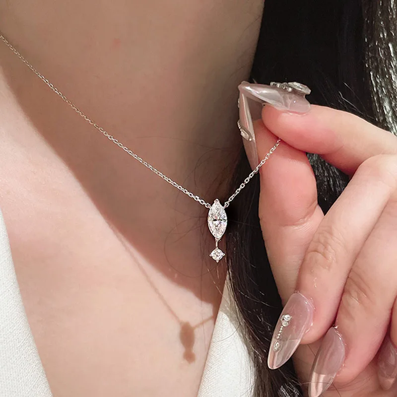 

New 925 Silver Simple Stylish Pendant Necklace Women Marquise 5A Cubic Zirconia Wedding Daily Wear Exquisite Girls Fine Jewelry