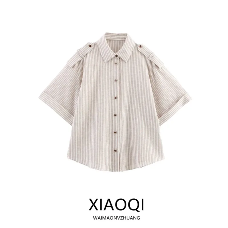 

Summer 2025 New Women's Faion irt Metal Color Line Pattern Long Sve Turn-down Collar Versatile Loose Fit Regular Length