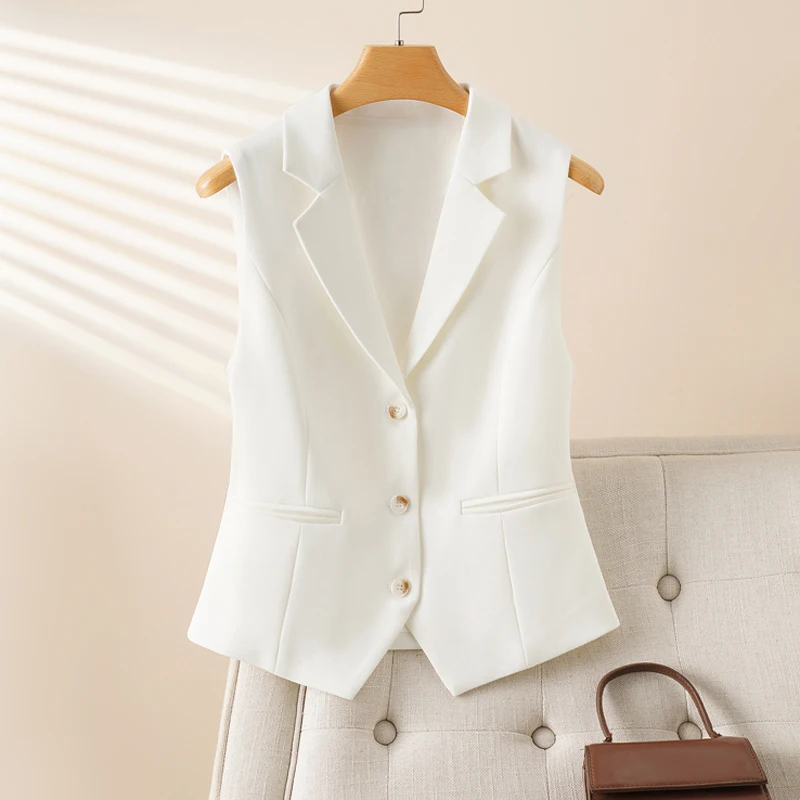 

Fashionable White Short Suit Collar Vest for Women, Spring & Fall Style, Workplace Elegant, Slim and Versatile Sleeveless Vest Top