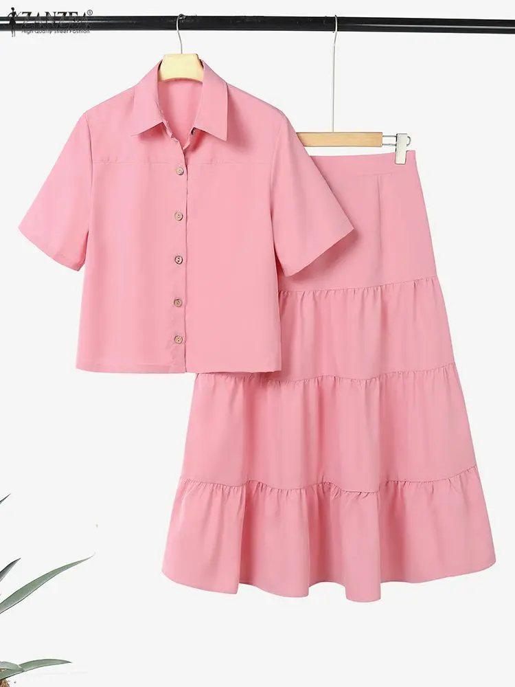 

Женские комплекты из 2 многоярусных юбок, лето 2025 года, однотонные короткие рубашки с короткими рукавами и юбки-миди трапециевидной формы, костюмы ZANZEA из 2 предметов