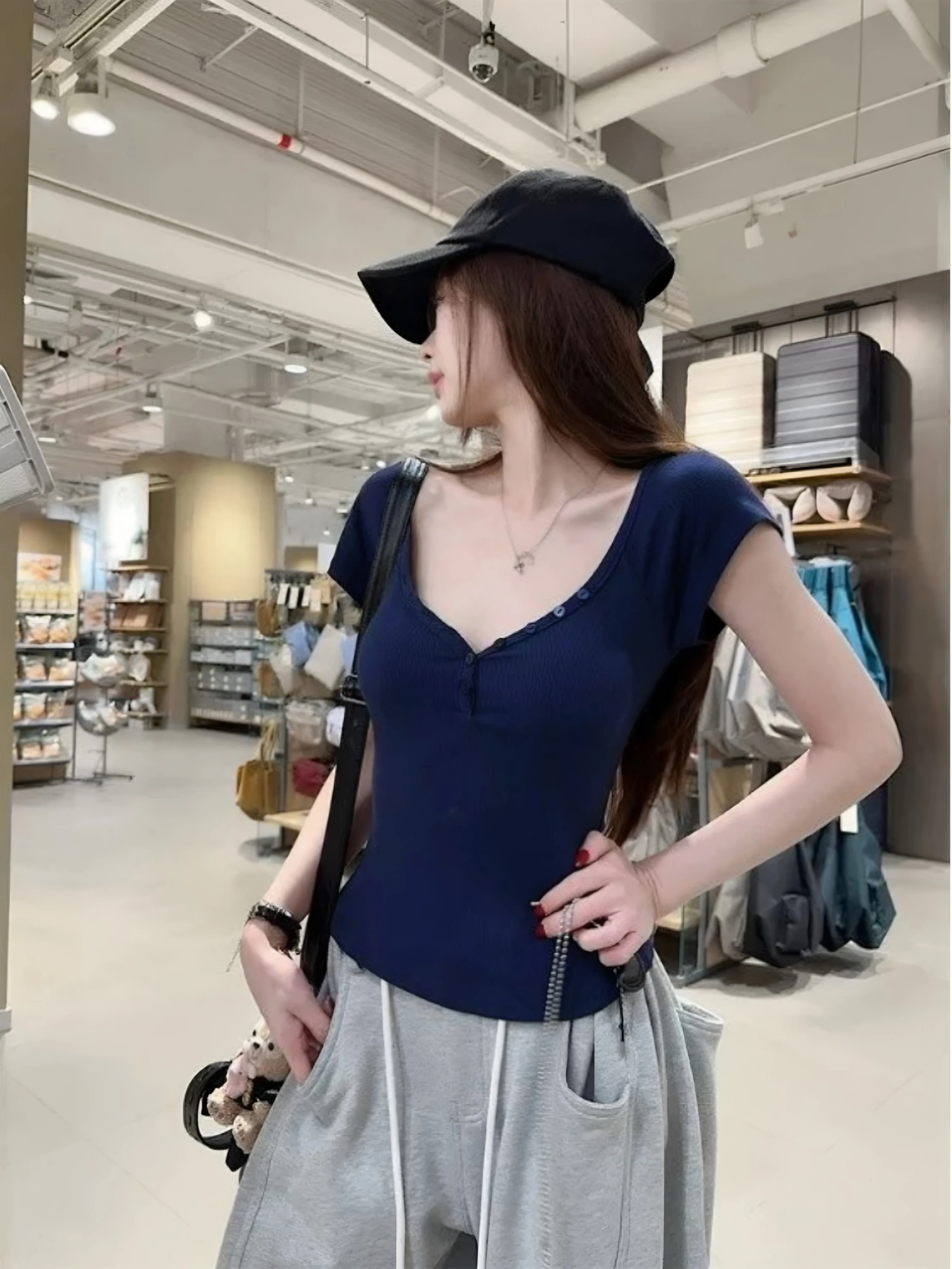 Summer Slim Fit Short Sleeve T-Shirt Women's V-Neck Cotton 95% Elastic Fiber Button up Shoulder Appropriate Casual Top