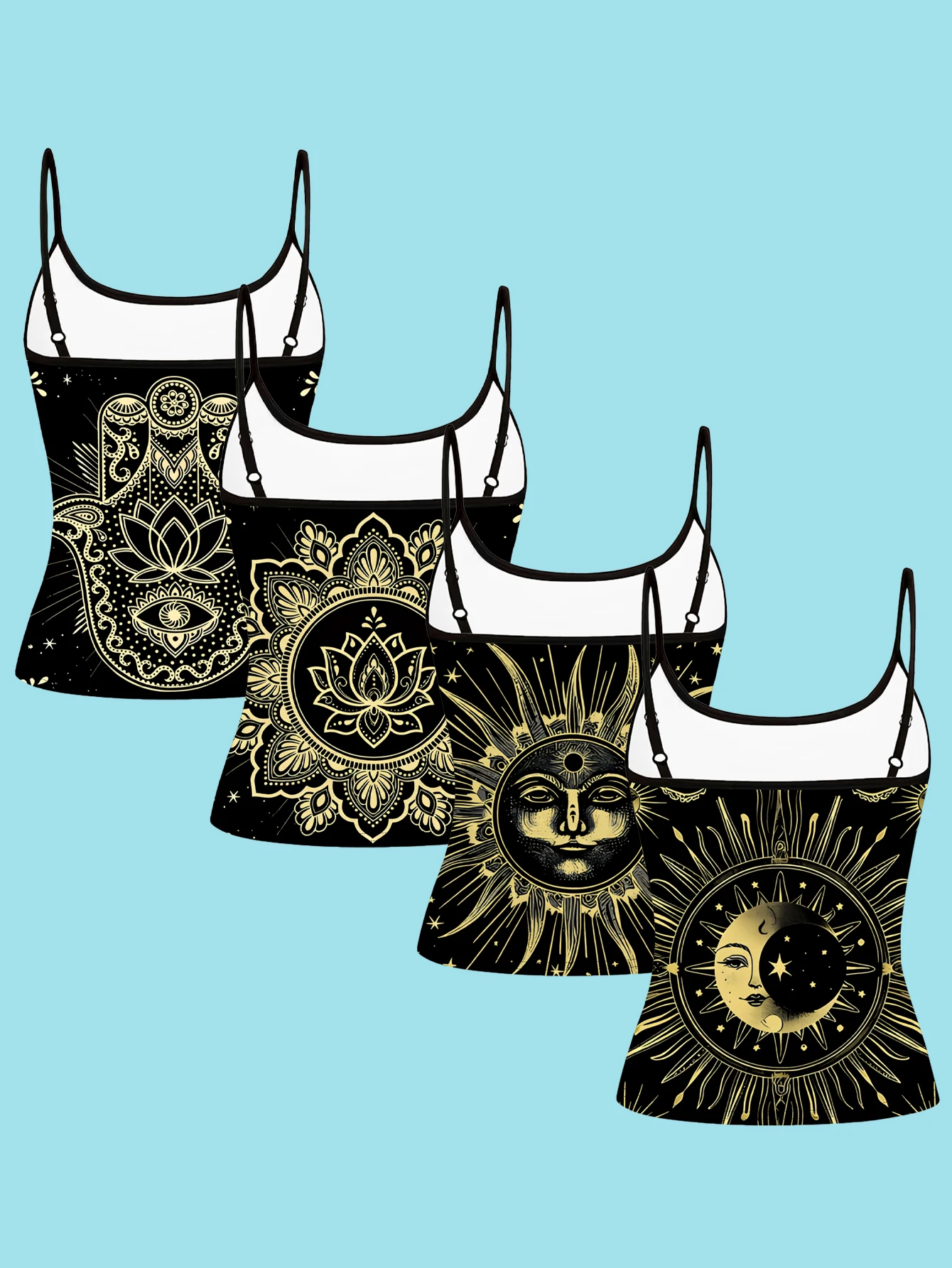 4-Piece Set of Women's Spaghetti Strap Camisoles with Black and Gold Mandala Lotus, Fatima's Hand, Sun, Moon, and Star Prints, Slim-Fit Sleeveless Tops, Mysterious Bohemian Yoga Style Outerwear and Inner Layering Shirts