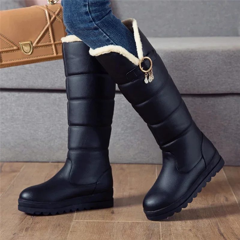 HOVING Russia Winter Warm Thermal Furry Booties Waterproof Round Toe Platform Knee High Womens Fur Lined Flats Snow Boots