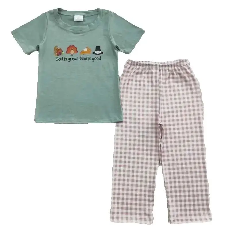 

Wholesale Baby Boys turkey Pumpkin Pie Set Green Cotton Pocket Tunic Plaid Pants Infant Children Kid Toddler Thanksgiving Outfit