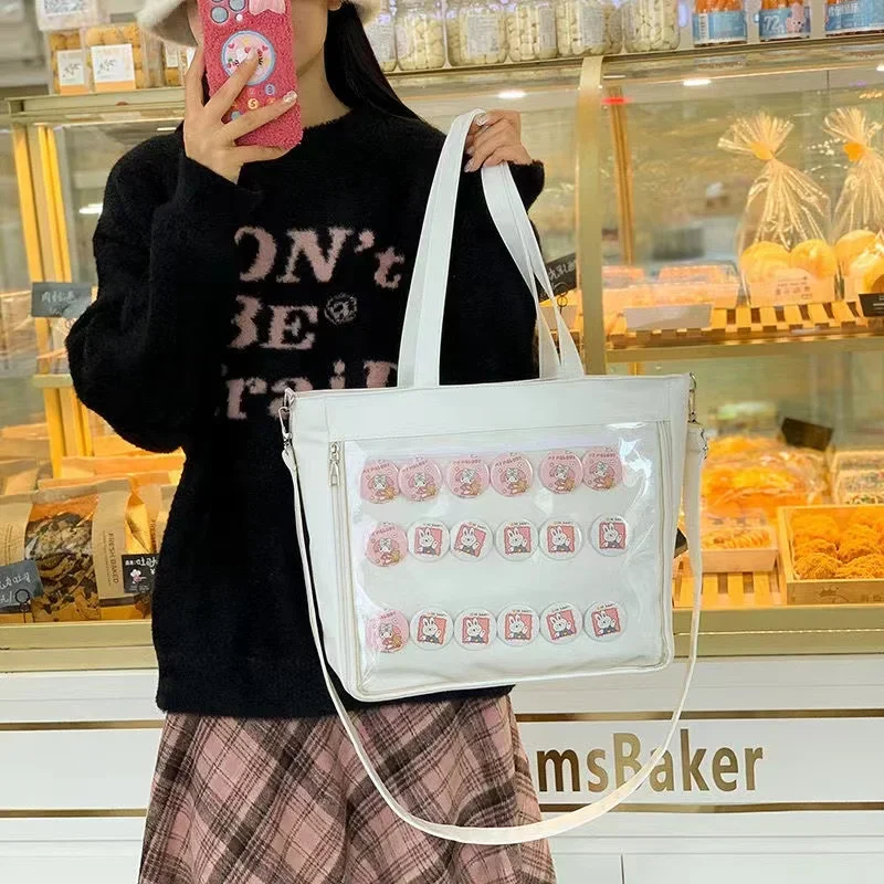 Big PU Leather Shoulder Bag School Girls JK Kawaii Itabag Women Ita Bag Badges Display Transparent Handbags Crossbody Bags Women