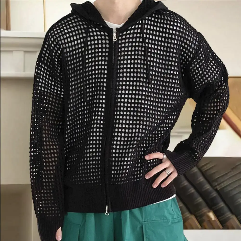 Chaqueta de punto para hombre, cárdigan de Hip Hop con diseño ahuecado, cierre de cremallera, abrigo de invierno a la moda para otoño