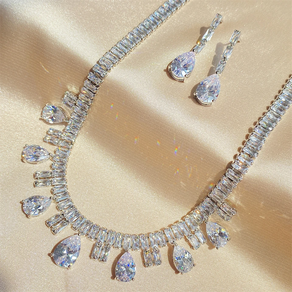 ZAKOL Funkelndes AAA-Kubikzirkonia-Set mit großen Wassertropfen-Ohrringen und Halskette, luxuriöser Brautschmuck für Hochzeiten und Partys – Detail 13