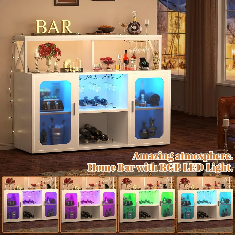 Aheaplus-Armoire de bar avec prise de courant, armoire française ou armoire avec lumières LED et supports en verre, armoire de rangement pour planche à café