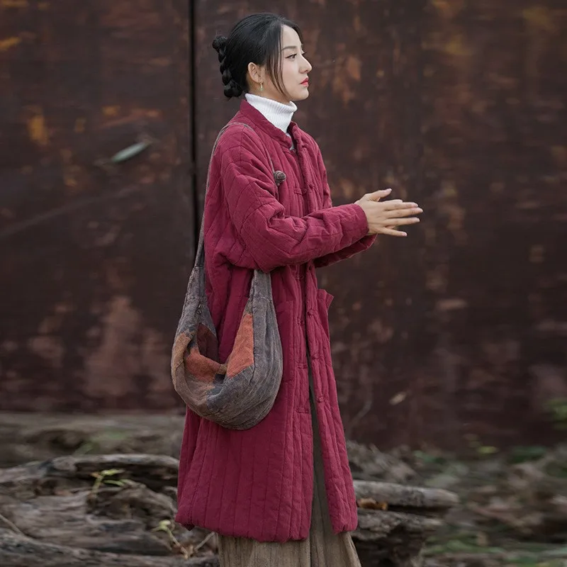 

Women Chinese Style Linen Parkas Stand Long Sleeve Winter Coats Striped Button Plus Cotton 2025 New Loose Warm Parkas