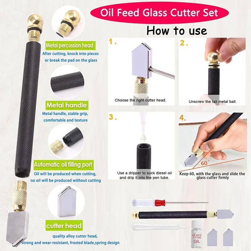 Glass Cutting Tool Set Kit, Wheeled Glass Tile Nippers Glass Running Pliers Breaking Pliers Oil Feed Glass Cutter Set-A73M view 2