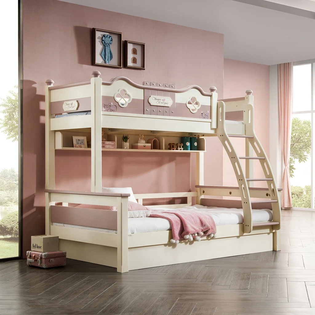 Modern Design Solid Wood Kids Bunk Bed Girl Modern Kid Girl Bed With Storage Stairs Princess Pink Bunk Bed For Children