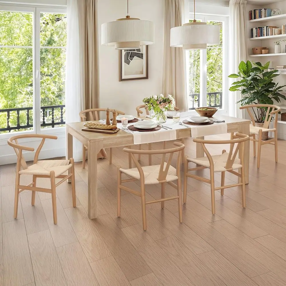 

Solid Wood Y-Back Wishbone Dining Chairs Set of 6, Fully Assembled with Handwoven Seats, Natural Finish