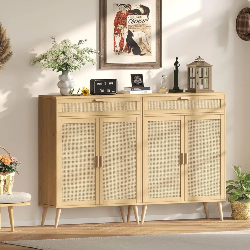 

Floor Storage Cabinet with Rattan Doors, Accent Bathroom Cabinet with Large Drawer, Freestanding Storage Cabine